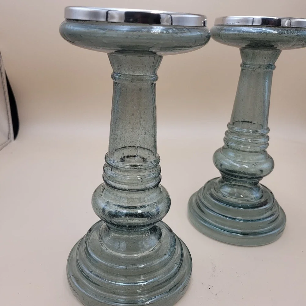 Green Seeded Crackle Glass Pillar Candle Holders Silver Trim Set of 2 8.5 Inch